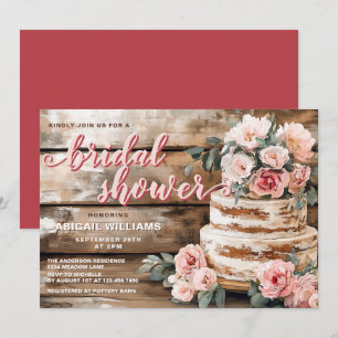 Rustic Wood and Pink Rose Cake Bridal Shower Invitation