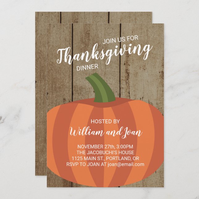Rustic Wood and Pumpkin Thanksgiving Dinner Party Invitation (Front/Back)
