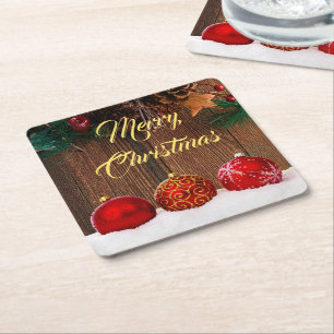 Rustic Wood and Red Berries Christmas Square Paper Coaster
