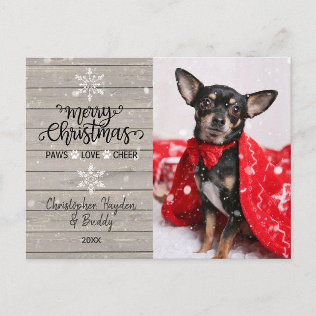 Rustic Wood and Snowflakes Christmas Dog Photo Postcard (Front)