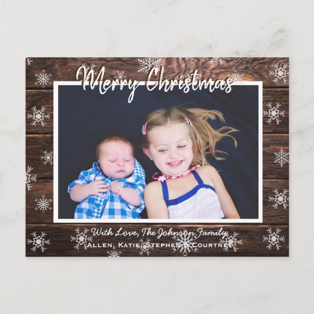 Rustic Wood and Snowflakes Photo Christmas Card (Front)