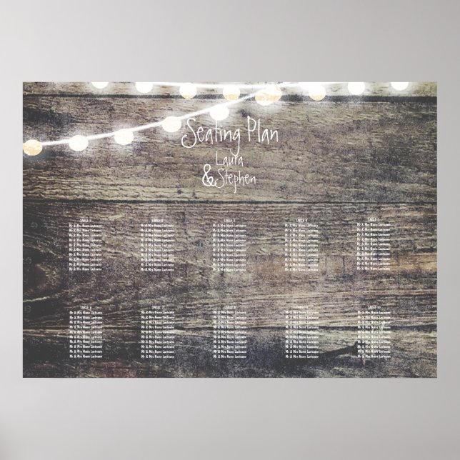 Rustic wood and string light table seating chart2 poster (Front)