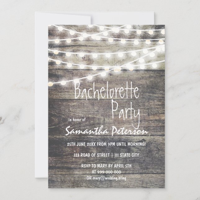 Rustic wood and string lights bachelorette party invitation (Front)