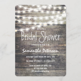 Rustic wood and string lights bridal shower invitation