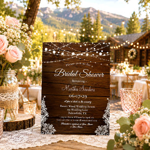 Rustic Wood and String Lights Lace Bridal Shower Invitation