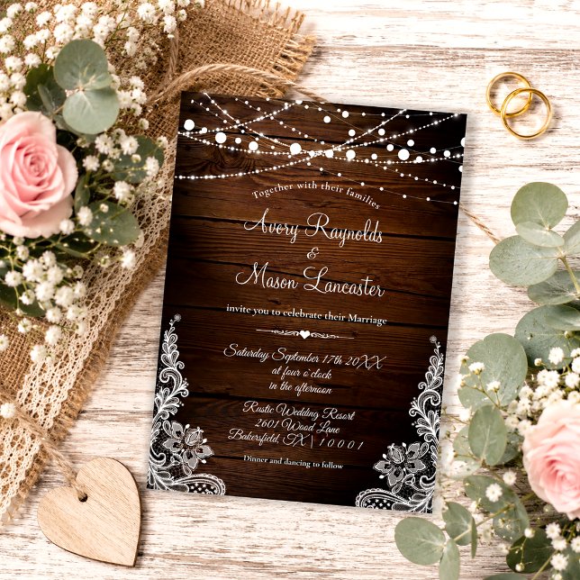 Rustic Wood and String Lights Lace Wedding Invitation (Creator Uploaded)