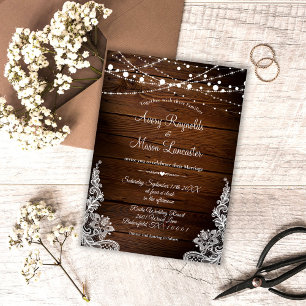 Rustic Wood and String Lights Lace Wedding Invitation