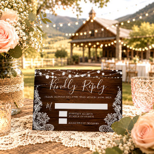 Rustic Wood and String Lights Lace Wedding RSVP Card