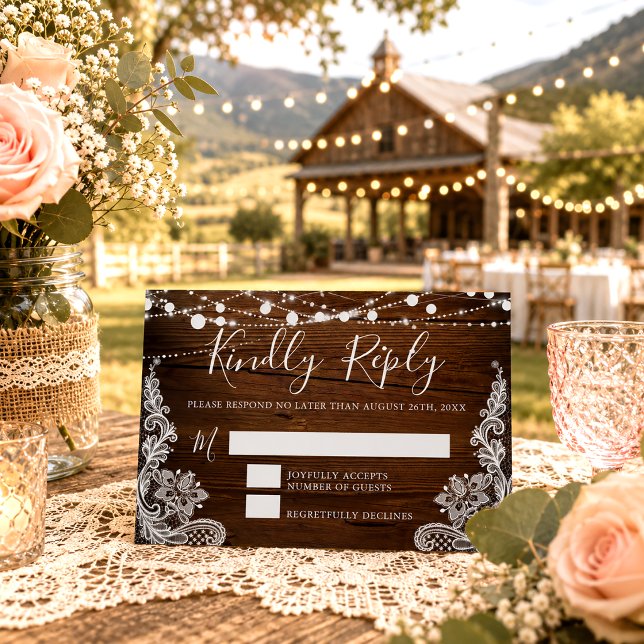 Rustic Wood and String Lights Lace Wedding RSVP Card (Creator Uploaded)