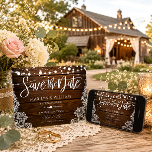 Rustic Wood and String Lights Lace Wedding Save The Date