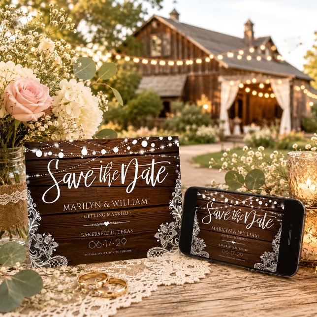 Rustic Wood and String Lights Lace Wedding Save The Date (Creator Uploaded)