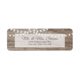 Rustic wood and string lights return address