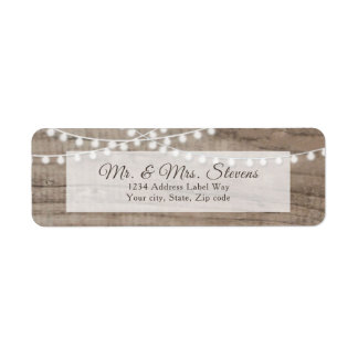 Rustic wood and string lights return address