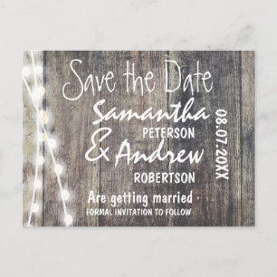 Rustic wood and string lights save the date announcement postcard