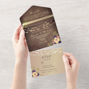 Rustic Wood and String Lights Wedding All In One Invitation