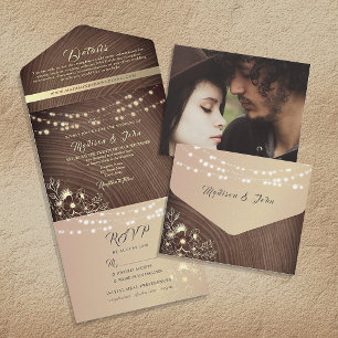 Rustic Wood and String Lights Wedding All In One Invitation