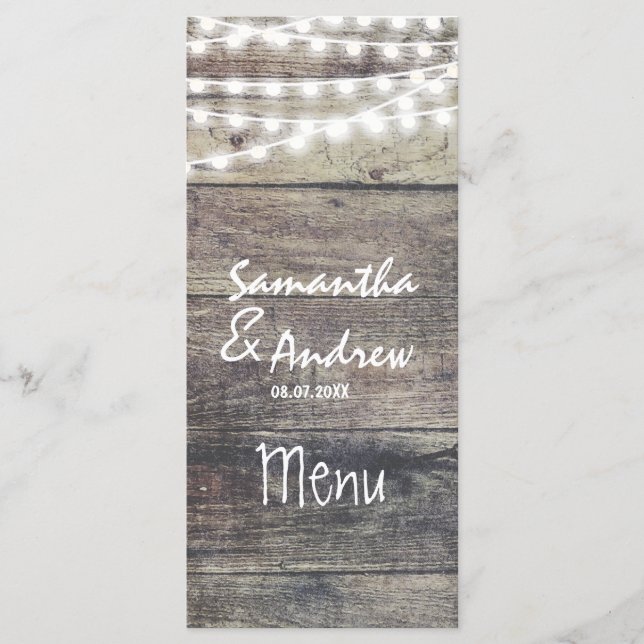 Rustic wood and string lights wedding menu (Front)