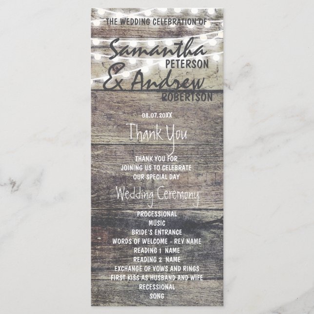 Rustic wood and string lights Wedding Program Programme (Front)