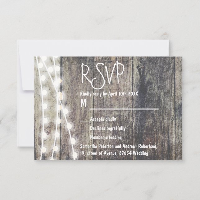 Rustic wood and string lights wedding RSVP (Front)