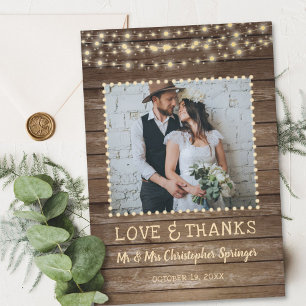 Rustic Wood and String Lights Wedding Thank You Card