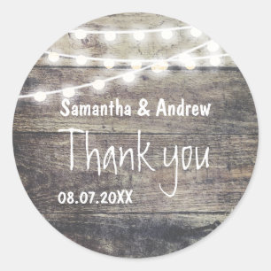 Rustic wood and string lights wedding Thank you Classic Round Sticker