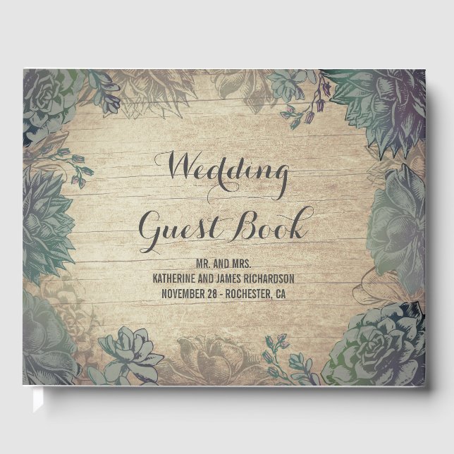 Rustic Wood and Succulents Barn Wedding Guest Book (Front)