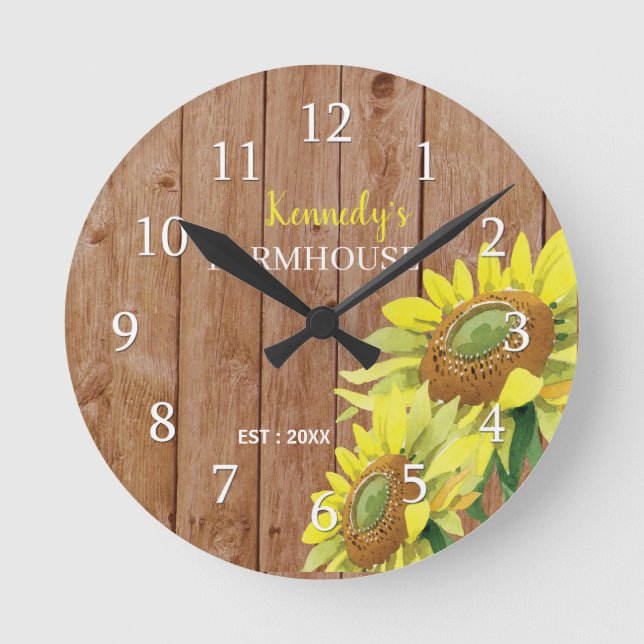 Rustic Wood And Sunflower Farmhouse Kitchen Round Clock (Front)