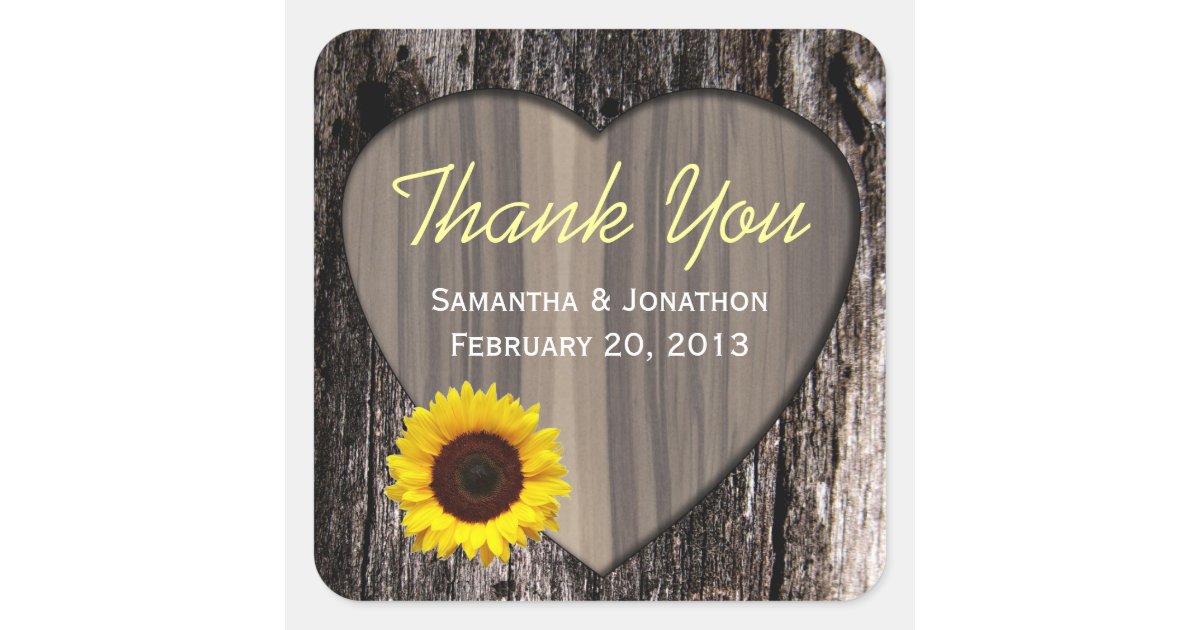 Rustic Wood and Sunflower Wedding Thank You Square Sticker | Zazzle
