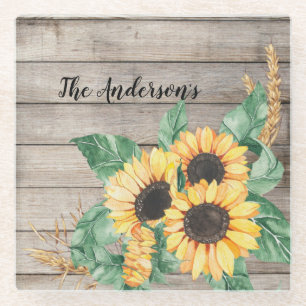 Rustic Wood and Sunflowers Glass Coaster