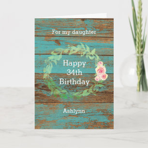 Rustic Wood and Watercolor Floral 34th Birthday Card