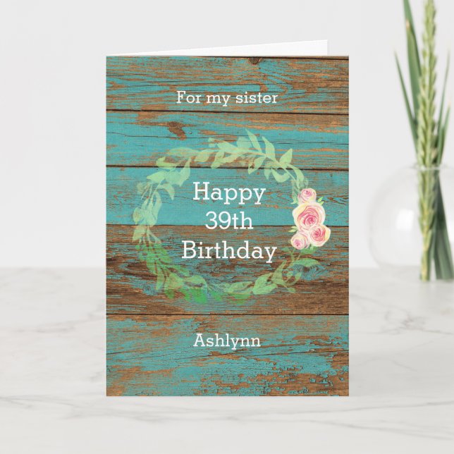 Rustic Wood and Watercolor Floral 39th Birthday Card (Front)