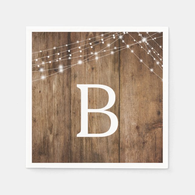 Rustic Wood and White Lights, Monogram Napkin (Front)
