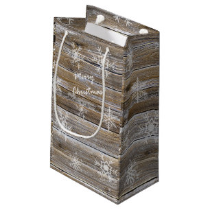 Rustic Wood and White Snowflakes Merry Christmas Small Gift Bag