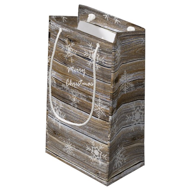 Rustic Wood and White Snowflakes Merry Christmas Small Gift Bag (Back Angled)