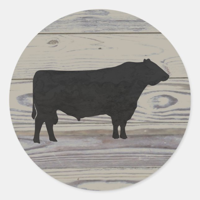 Rustic Wood Angus Bull  Watercolor Silhouette Classic Round Sticker (Front)