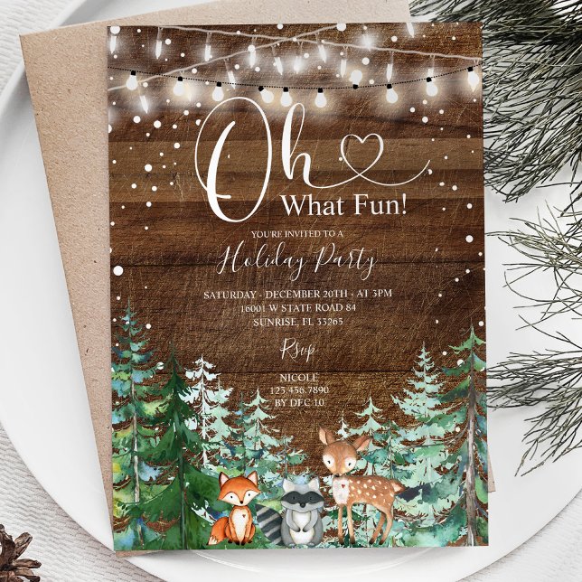 Rustic Wood Animal Pine Trees Holiday Party Invitation (Creator Uploaded)