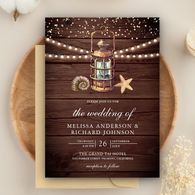 Rustic Wood Antique Nautical Lantern Wedding Invitation (Creator Uploaded)