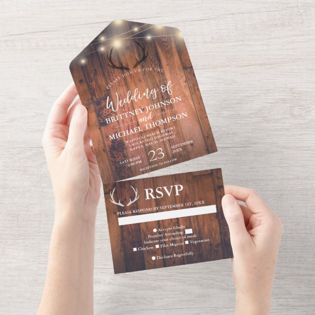 Rustic Wood Antler String Lights Wedding All In On All In One Invitation (Tearaway)