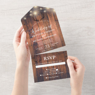 Rustic Wood Antler String Lights Wedding All In On All In One Invitation