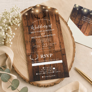 Rustic Wood Antler String Lights Wedding All In On One Invitation