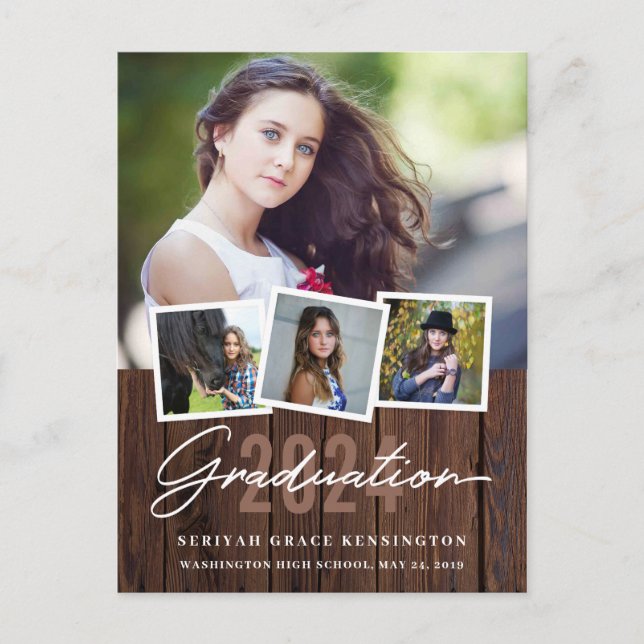 Rustic Wood Any Year Graduation 4 Photo Postcard (Front)
