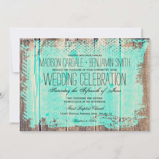 Rustic Wood Aqua Country Wedding Invitations (Front)