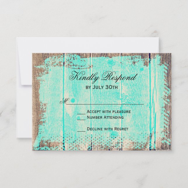 Rustic Wood Aqua Country Wedding RSVP Cards (Front)