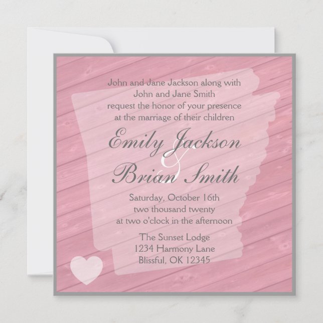 Rustic wood Arkansas pink wedding invitations (Front)