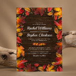 Rustic Wood Autumn Fall Leaves Gold Wedding Invitation<br><div class="desc">Country fall wedding invitations featuring a rustic wooden background,  a scattering of autumn leaves,  gold glitter,  and a modern wedding template.</div>