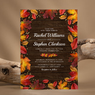 Rustic Wood Autumn Fall Leaves Gold Wedding Invitation