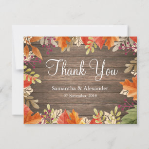 Rustic Wood Autumn Fall Red Leaves Thank You Card