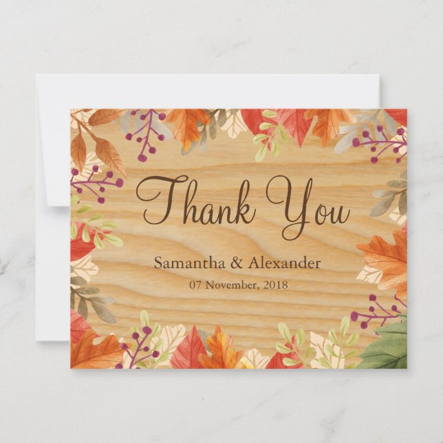 Rustic Wood Autumn Fall Red Leaves Thank You Card (Front)