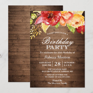 Rustic Wood Autumn Floral Fall Birthday Party Invitation