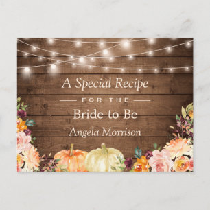Rustic Wood Autumn Floral Pumpkin Bridal Recipe Postcard